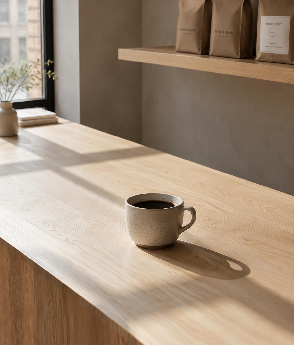 Taza de café sobre la barra de madera de una cafetería
